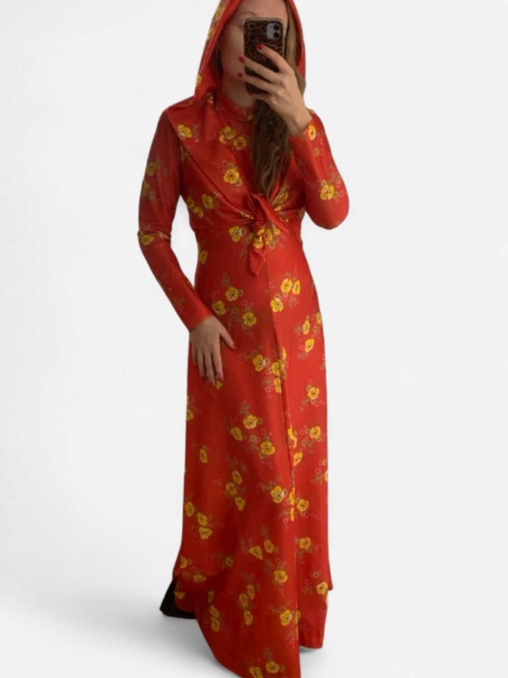 Rare Vintage 1970s Orange Floral Maxi Dress Jacket Hooded Boho Unique Small